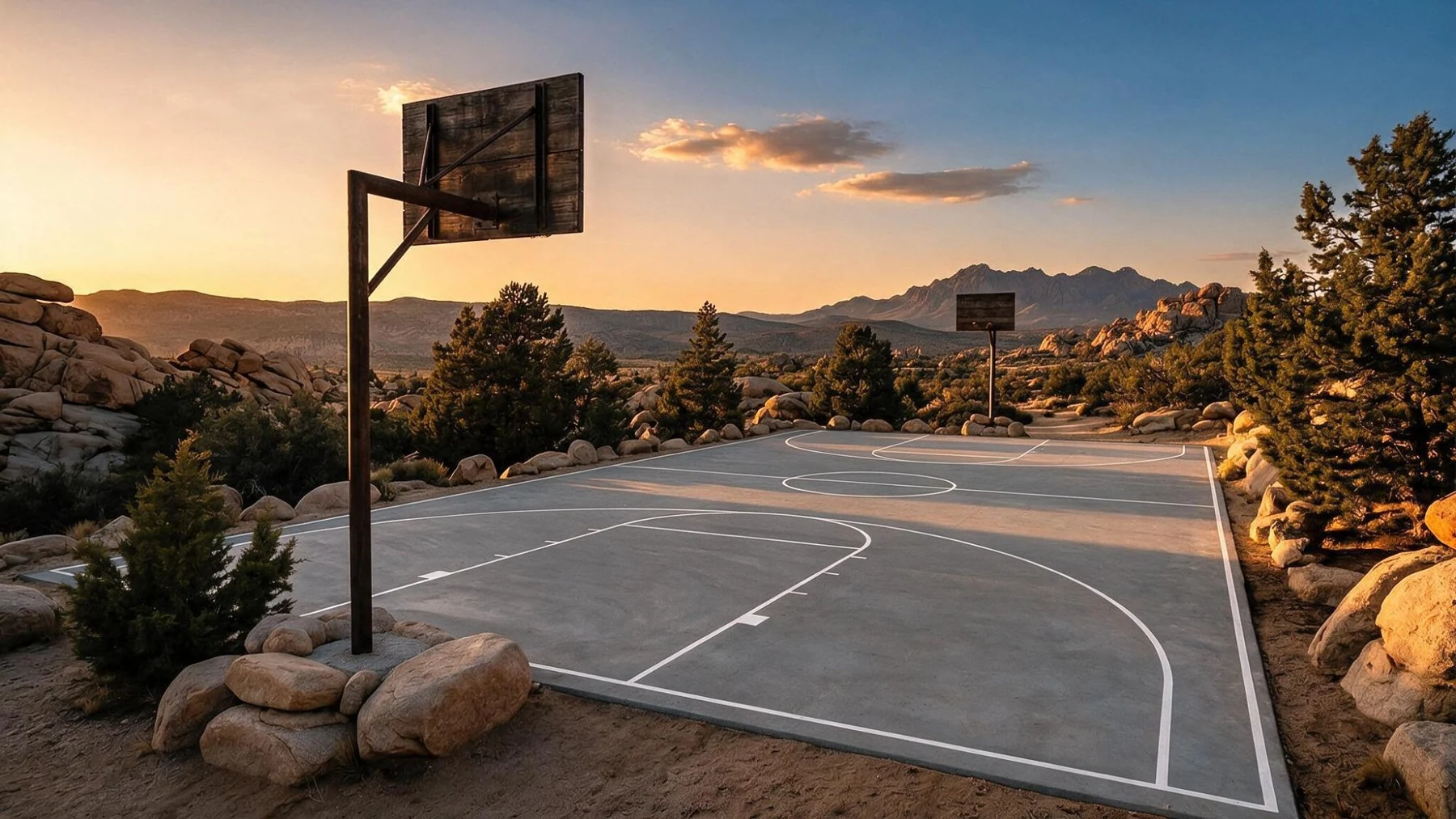 Cancha de básquetbol con vista a la sierra al atardecer