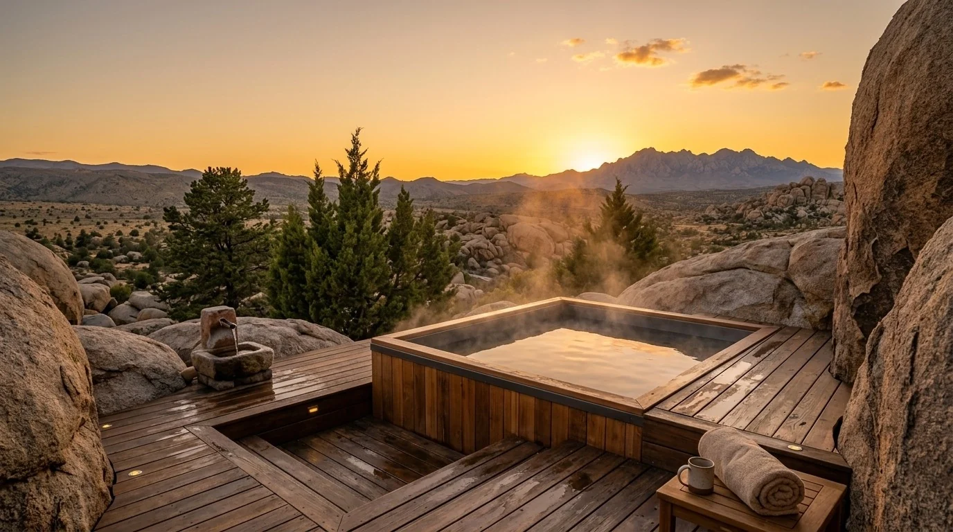 Tina de agua caliente con vista a la sierra al amanecer