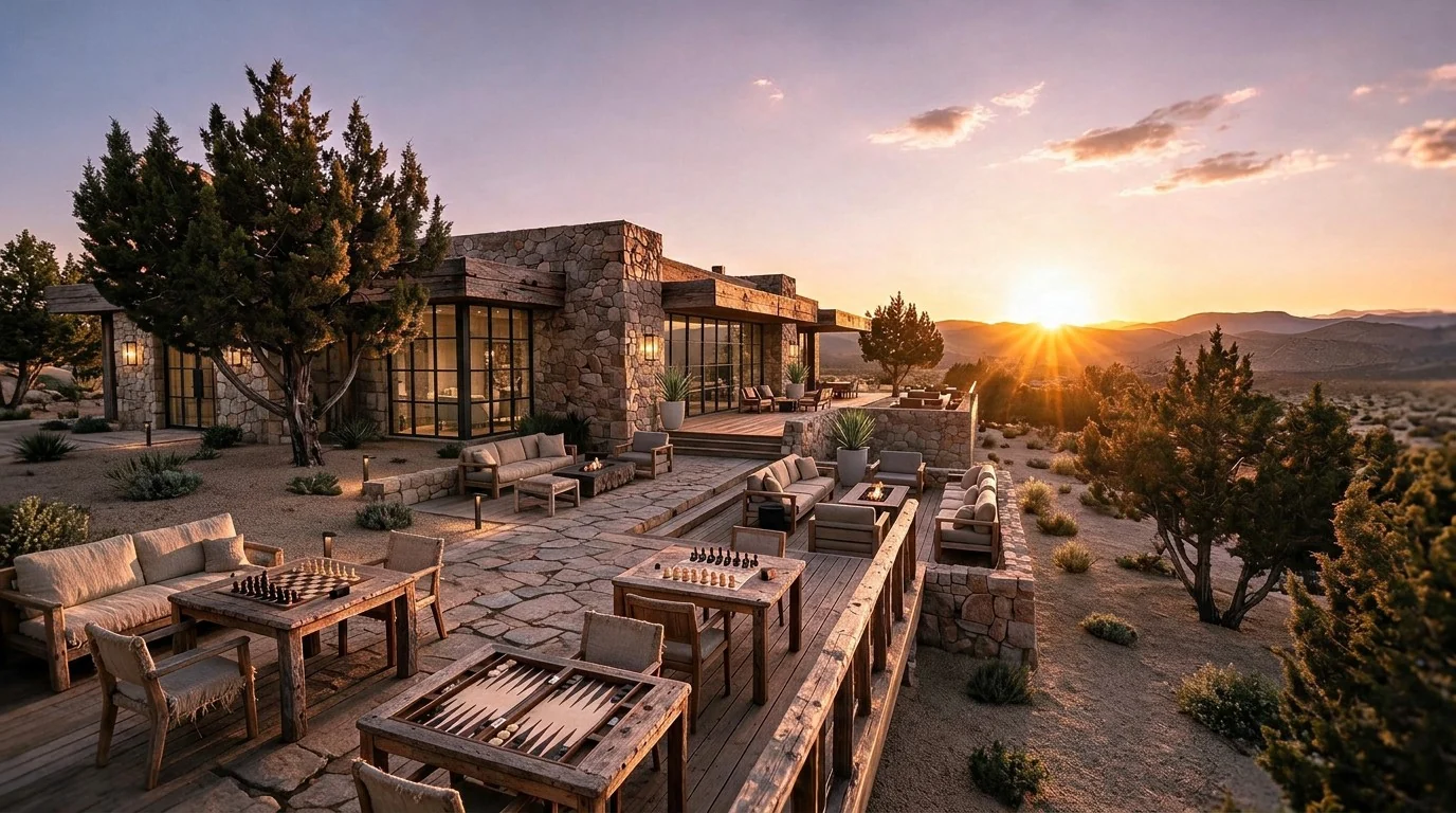 Sala exterior con juegos de mesa frente a la sierra